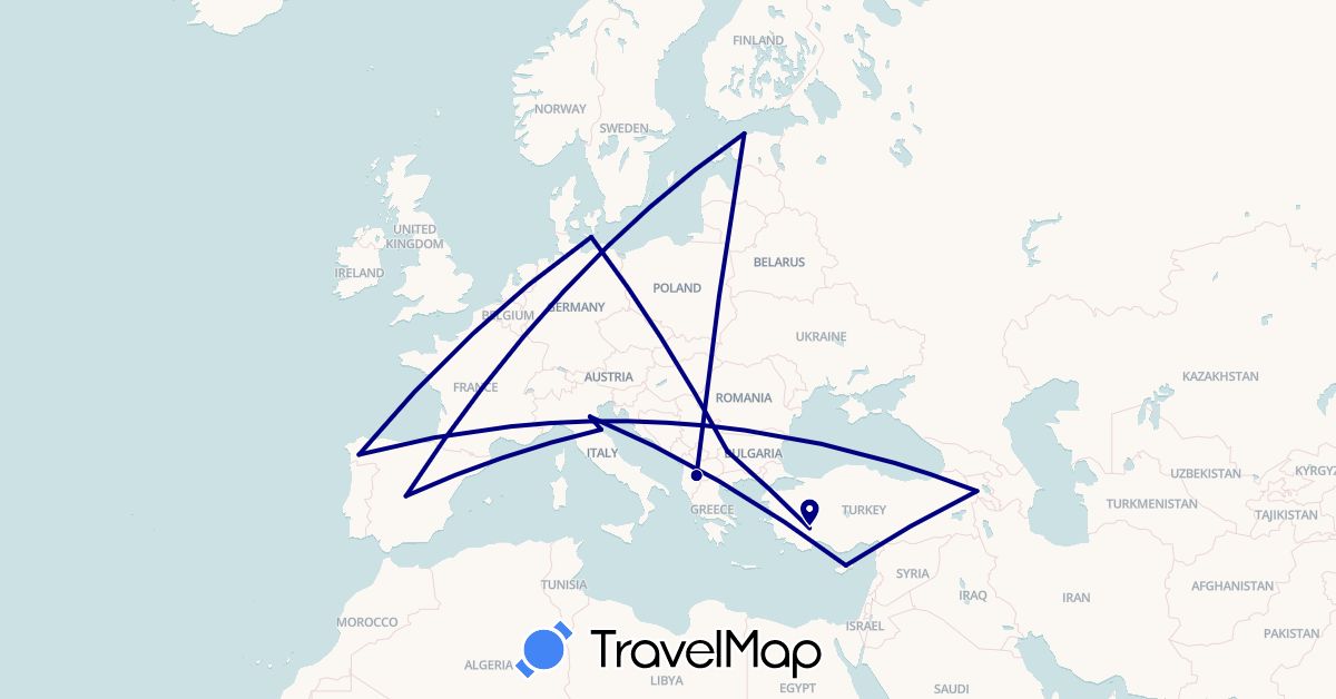 TravelMap itinerary: driving in Armenia, Bulgaria, Cyprus, Denmark, Estonia, Spain, Italy, Macedonia, Turkey (Asia, Europe)